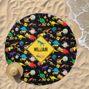 Construction Trucks Astronaut Dinosaurs in Space Beach Towel