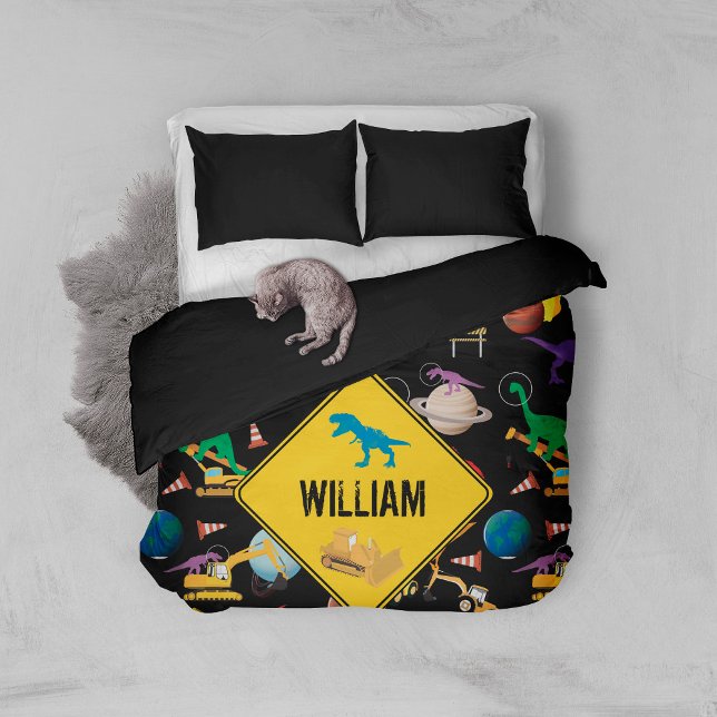 Construction Trucks Astronaut Dinosaurs in Space Duvet Cover (Creator Uploaded)