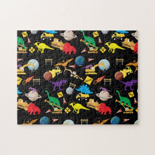 Construction Trucks Astronaut Dinosaurs in Space Jigsaw Puzzle
