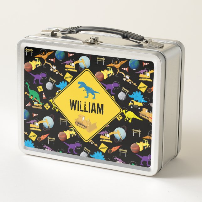 Construction Trucks Astronaut Dinosaurs in Space Metal Lunch Box (Front)