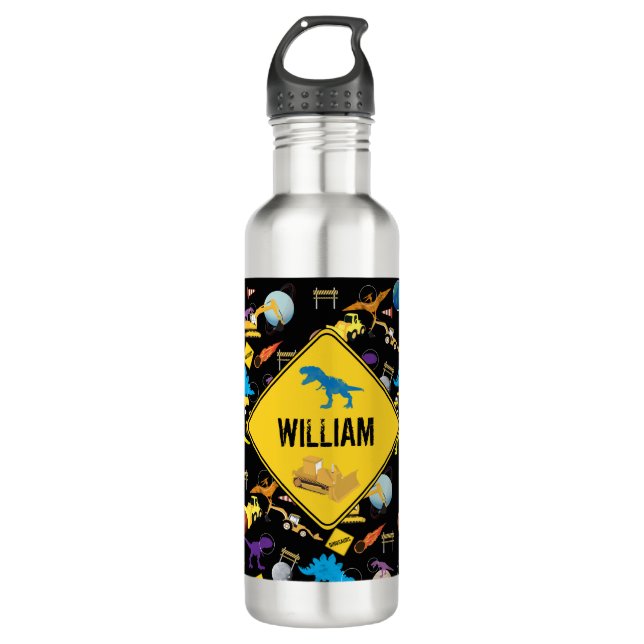 Construction Trucks Astronaut Dinosaurs in Space  Stainless Steel Water Bottle (Front)