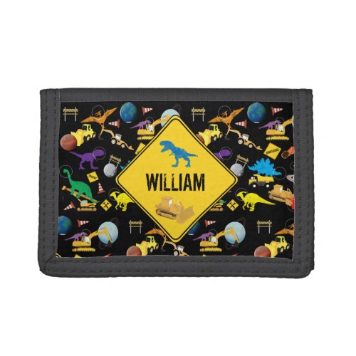 Construction Trucks Astronaut Dinosaurs in Space  Trifold Wallet