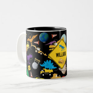 Construction Trucks Astronaut Dinosaurs in Space Two-Tone Coffee Mug
