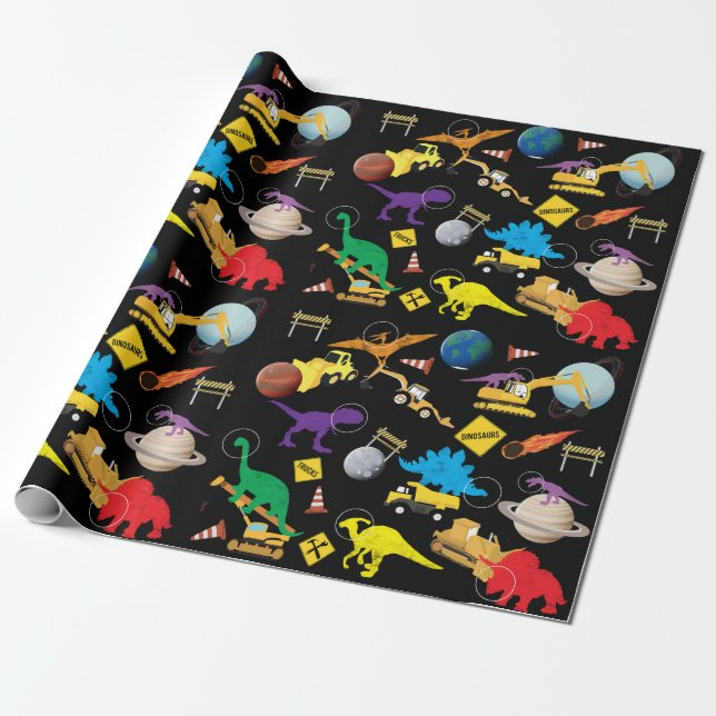 Construction Trucks Astronaut Dinosaurs in Space Wrapping Paper (Unrolled)