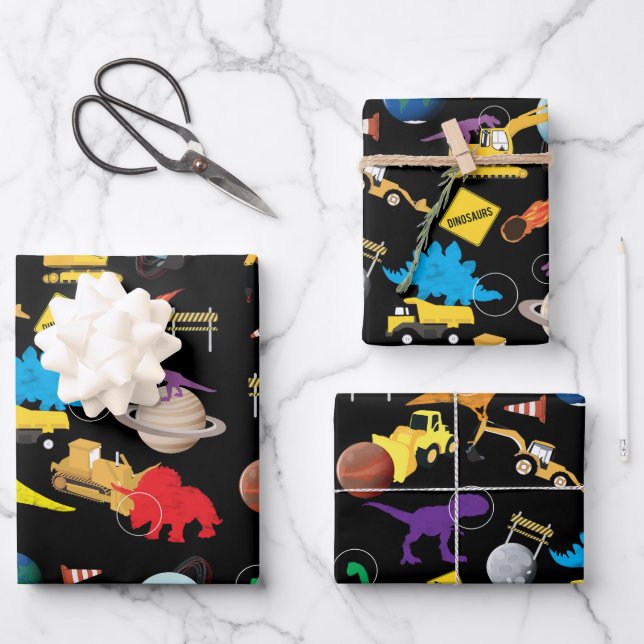 Construction Trucks Astronaut Dinosaurs in Space Wrapping Paper Sheets (Front)