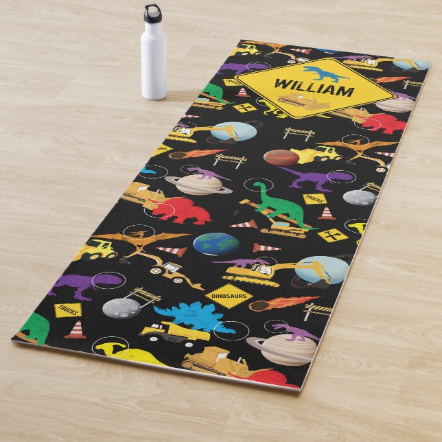 Construction Trucks Astronaut Dinosaurs in Space Yoga Mat (In Situ)