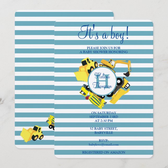 Construction Trucks Baby Boy Baby Shower  Invitation (Front/Back)