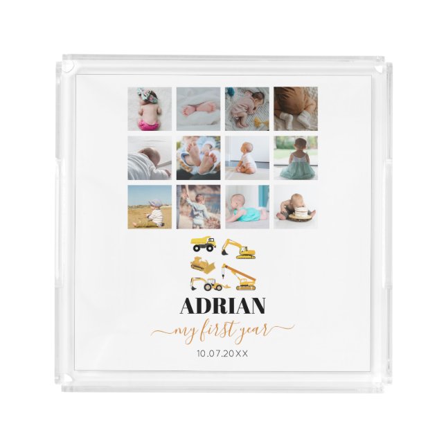 Construction Trucks Baby First Year Photo Collage  Acrylic Tray (Front)