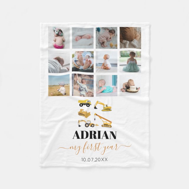 Construction Trucks Baby First Year Photo Collage Fleece Blanket (Front)