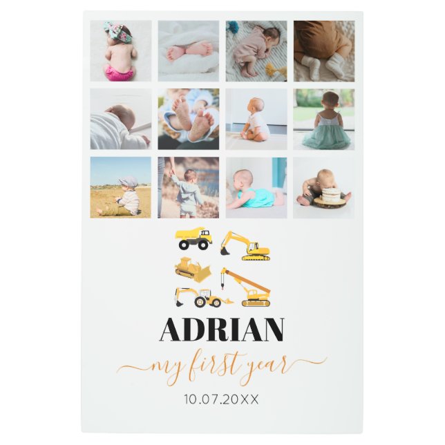 Construction Trucks Baby First Year Photo Collage Metal Print (Front)