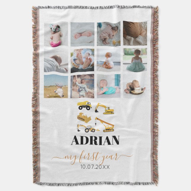 Construction Trucks Baby First Year Photo Collage Throw Blanket (Front Vertical)