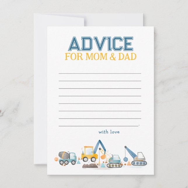 Construction Trucks, Baby Shower Advice for Mom Note Card (Front)