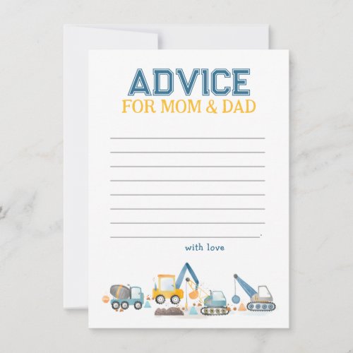 Construction Trucks Baby Shower Advice for Mom Note Card