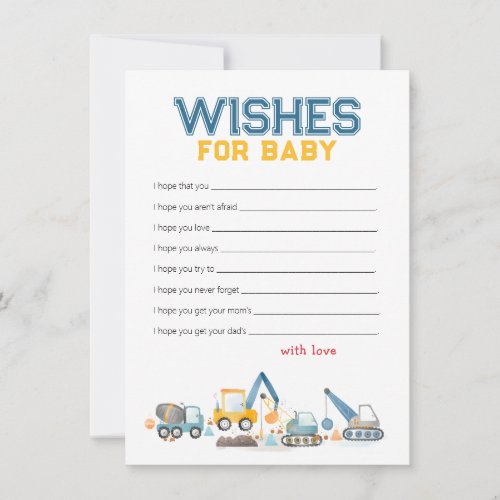 Construction Trucks Baby Shower Wishes for Baby Note Card