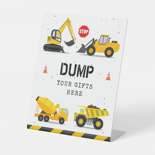 Construction Trucks Birthday Dump Your Gifts Here Pedestal Sign (Front)
