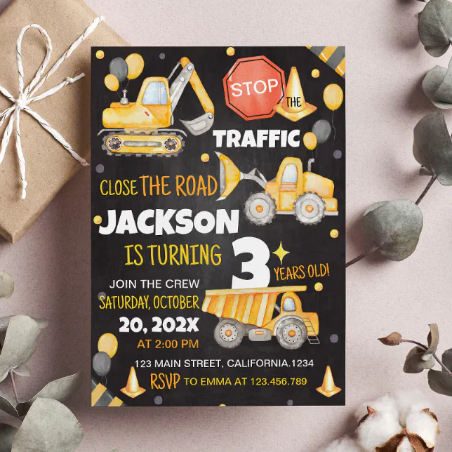 Construction Trucks Birthday Invitation | Zazzle