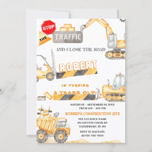 Construction Trucks Birthday Invitation