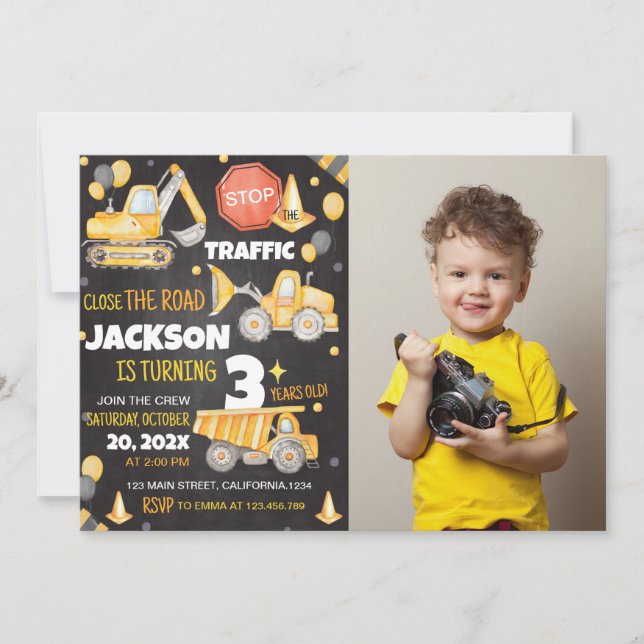 Construction Trucks Birthday Invitation (Front)