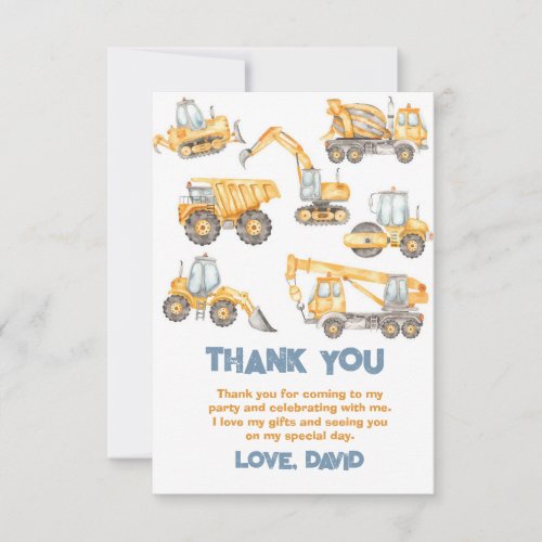 Construction Trucks Birthday Party Classic Thank You Card