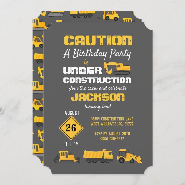 Construction Trucks Birthday Party Gray Invitation (Front/Back)