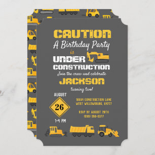 Construction Trucks Birthday Party Gray Invitation