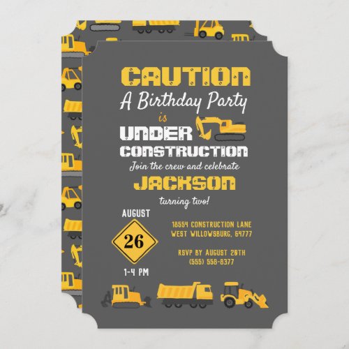 Construction Trucks Birthday Party Gray Invitation