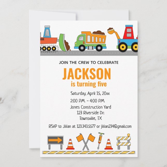 Construction Trucks Birthday Party Invitation (Front)