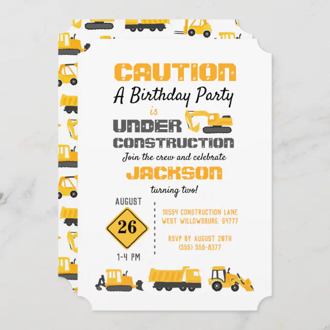 Construction Trucks Birthday Party Invitation | Zazzle