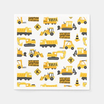Construction Trucks Birthday Party Pattern White Napkins by prettypicture at Zazzle