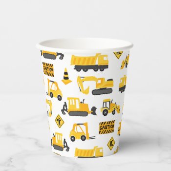 Construction Trucks Birthday Party Pattern White Paper Cups by prettypicture at Zazzle