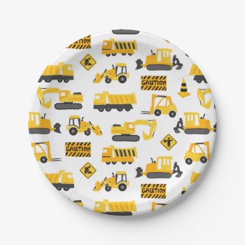 Construction Trucks Birthday Party Pattern White Paper Plates by prettypicture at Zazzle