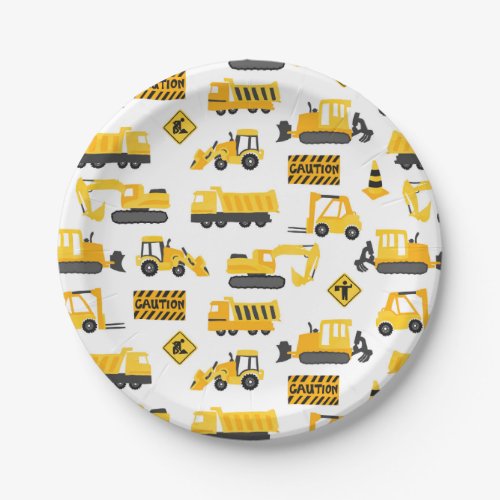 Construction Trucks Birthday Party Pattern White Paper Plates
