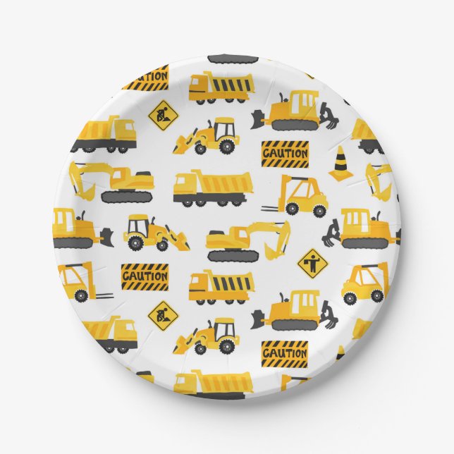 Construction Trucks Birthday Party Pattern White Paper Plates (Front)