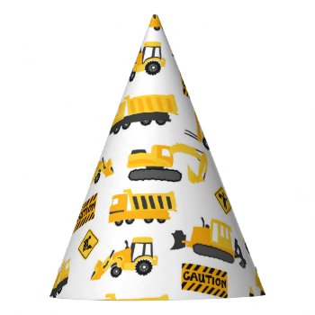 Construction Trucks Birthday Party Pattern White Party Hat by prettypicture at Zazzle