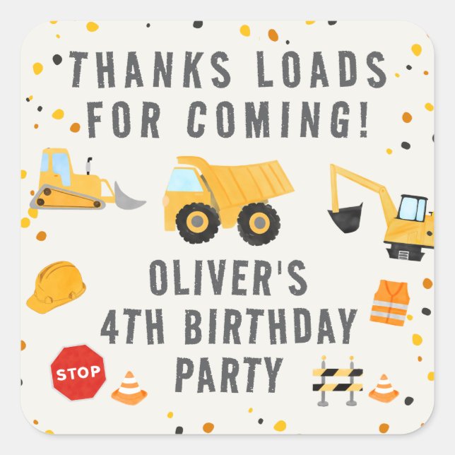 Construction Trucks Birthday Party Square Sticker (Front)