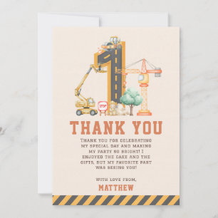 Construction Trucks Birthday Party Thank You Card