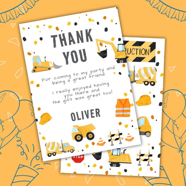 Construction Trucks Birthday Party Thank You Card (Creator Uploaded)
