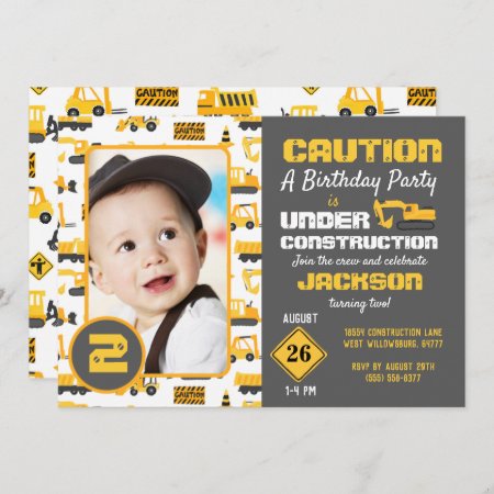 Construction Trucks Birthday Photo Invitation