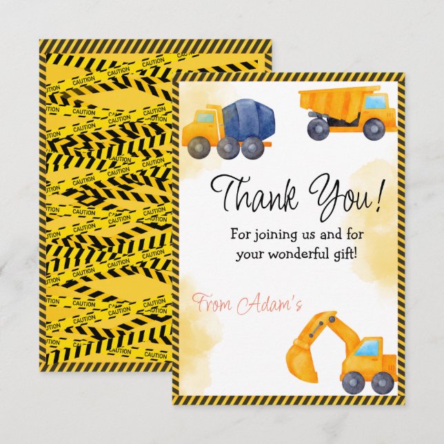 Construction Trucks Birthday Thank You Card (Front/Back)