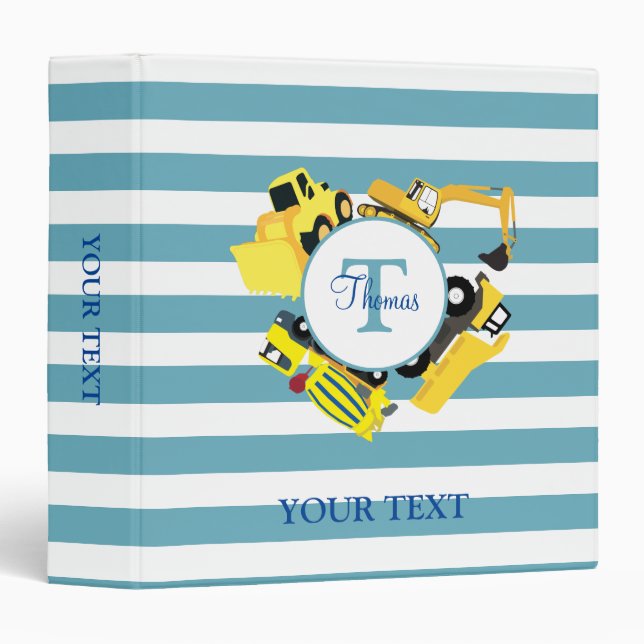 Construction Trucks Blue Stripes Monogram 3 Ring Binder (Front/Spine)