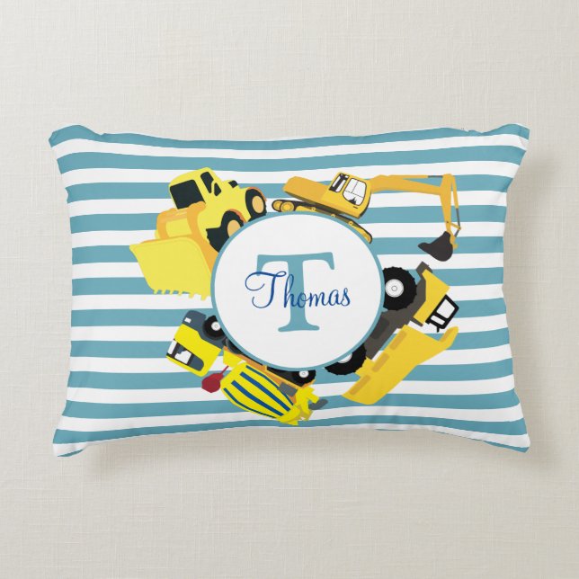 Construction Trucks Blue Stripes Monogram Accent Pillow (Front)