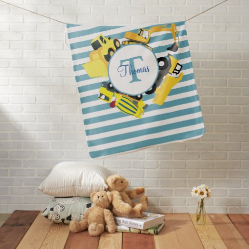 Construction Trucks Blue Stripes Monogram Baby Blanket