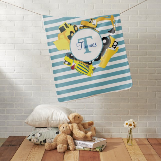 Construction Trucks Blue Stripes Monogram Baby Blanket (In Situ)