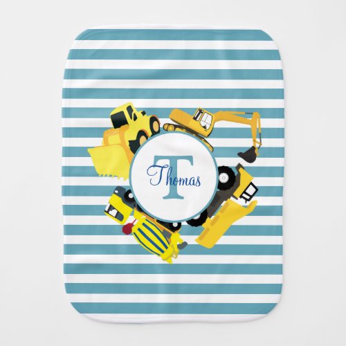 Construction Trucks Blue Stripes Monogram Baby Burp Cloth