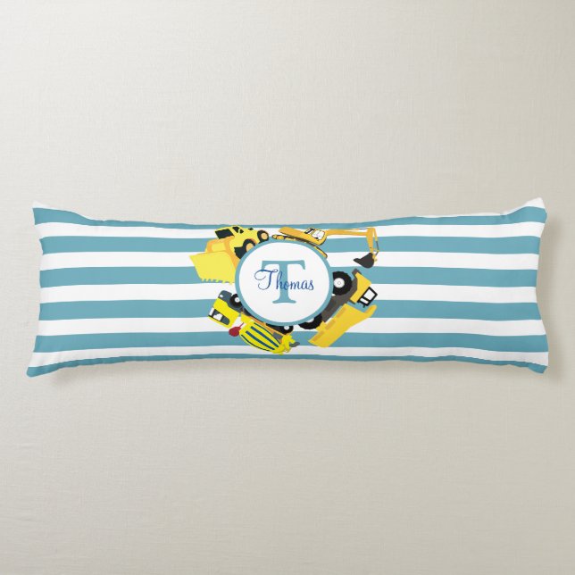 Construction Trucks Blue Stripes Monogram Body Pillow (Front)