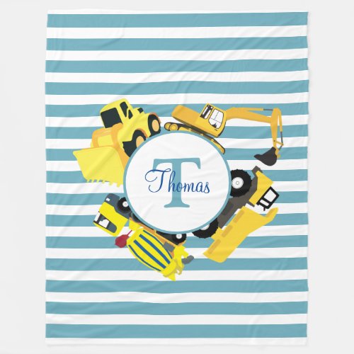 Construction Trucks Blue Stripes Monogram Fleece Blanket