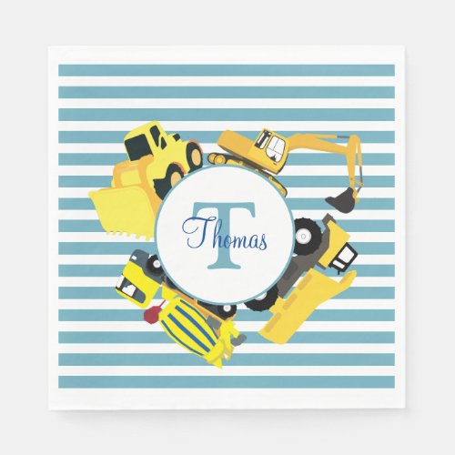 Construction Trucks Blue Stripes Monogram Napkins