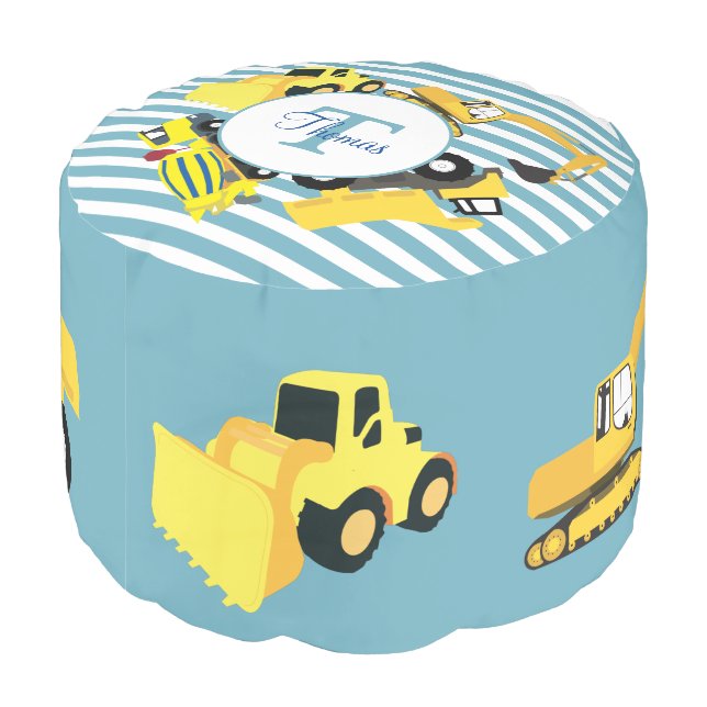 Construction Trucks Blue Stripes Monogram Pouf (Angled Back)