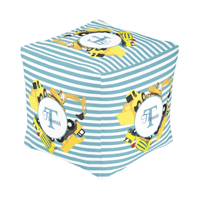 Construction Trucks Blue Stripes Monogram Pouf (Angled Back)