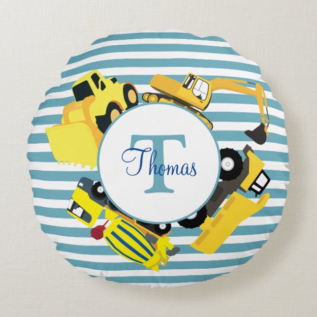 Construction Trucks Blue Stripes Monogram Round Pillow (Front)